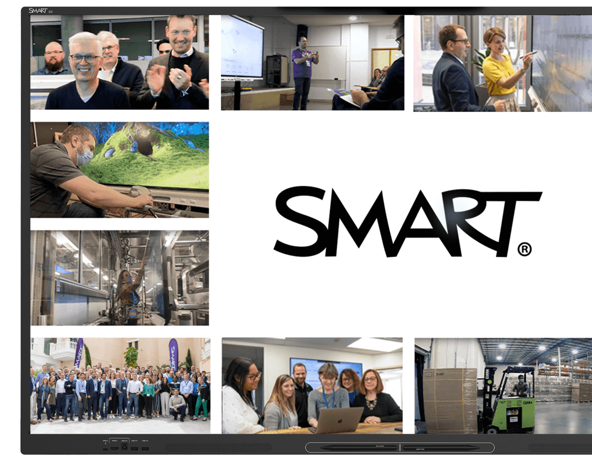  An image of the SMART GX Zero interactive display, showcasing various scenes of collaboration and technology use in different settings.
